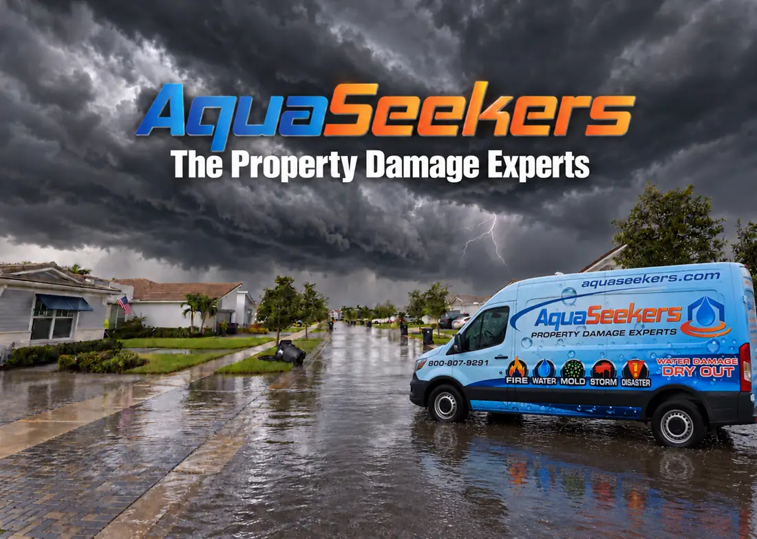 AquaSeekers: The Property Damage Experts, with a branded van in a storm scene