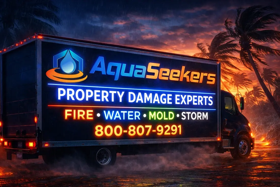 AquaSeekers branded truck: Property Damage Experts for fire, water, mold, and storm damage