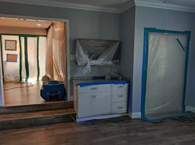 Plastic containment sheeting sealing doorways and protecting surrounding surfaces